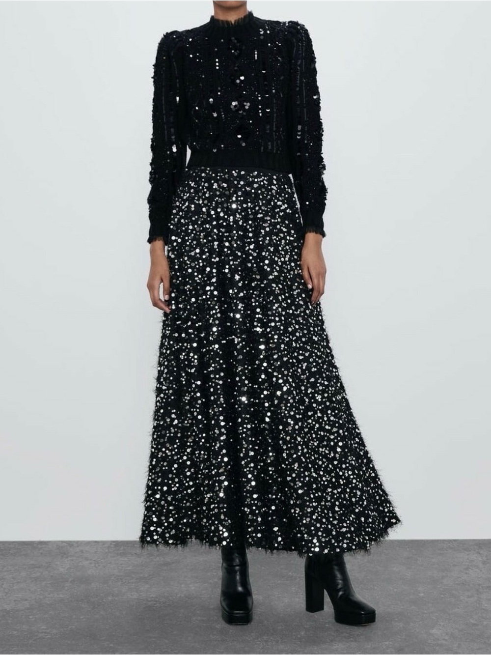 Sequin Embellished Black Maxi Skirt ZARA special edition high waist rise S small